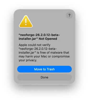 macOS Gatekeeper dialog blocking the NeoForge installer jar on first open