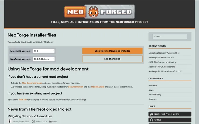 NeoForge installer download page — switch the Minecraft Version dropdown to 1.21.1 before downloading