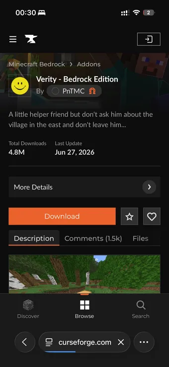 Official Verity - Bedrock Edition page on CurseForge with the orange Download button