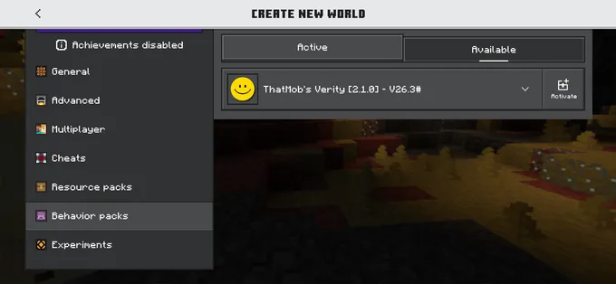 Behavior Packs screen showing ThatMob's Verity 2.1.0 with the Activate button