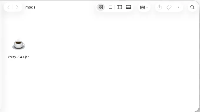 Finder window showing the mods folder containing verity-3.4.1.jar